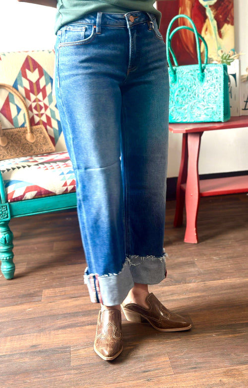 Risen Bottoms The Risen Wide Leg Cuffed Ankle Crop Denim