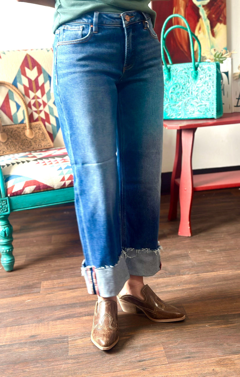 Risen Bottoms The Risen Wide Leg Cuffed Ankle Crop Denim
