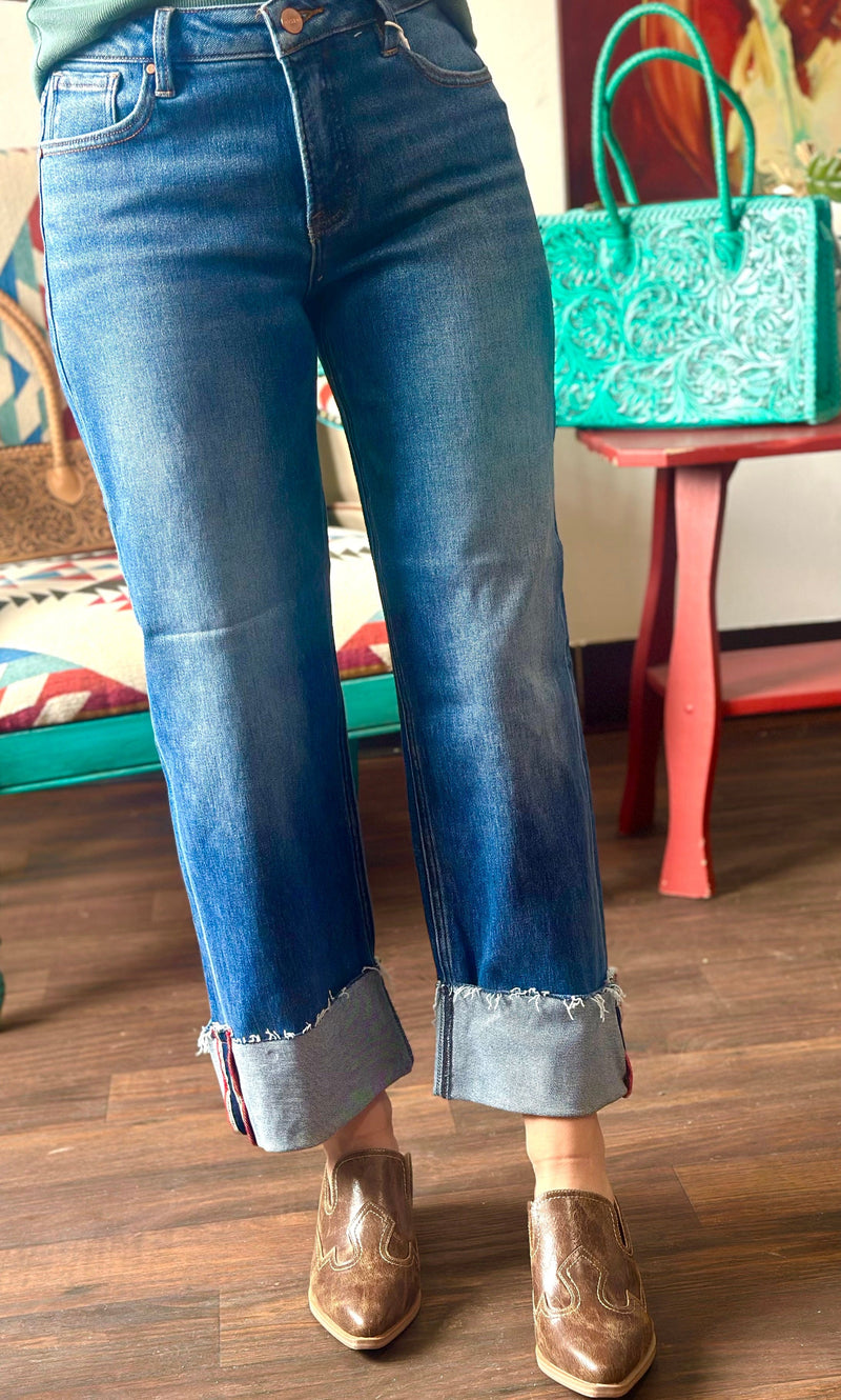 Risen Bottoms The Risen Wide Leg Cuffed Ankle Crop Denim