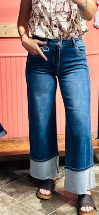 Risen Bottoms The Risen Wide Leg Cuffed Double Seam Ankle Crop Denim