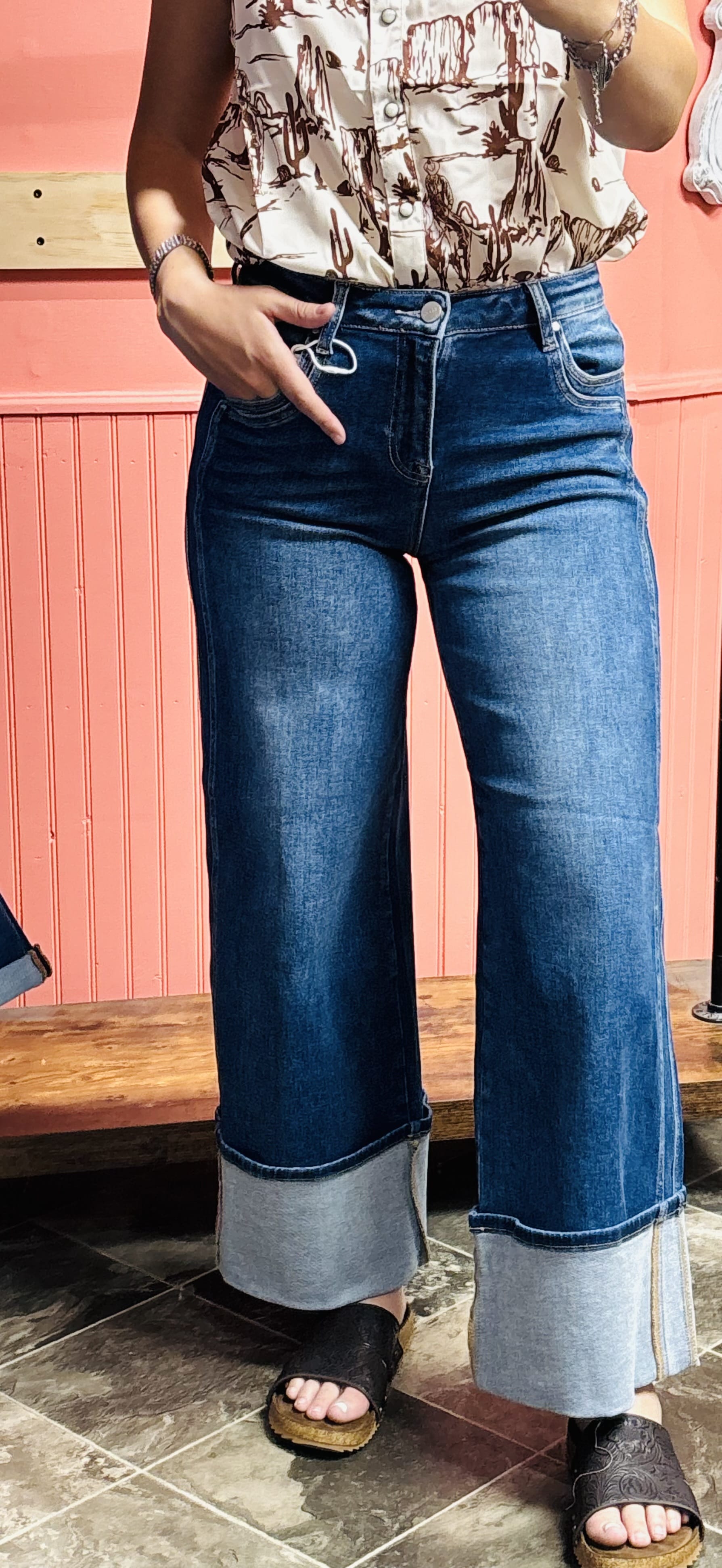 Risen Bottoms The Risen Wide Leg Cuffed Double Seam Ankle Crop Denim