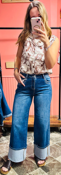 Risen Bottoms The Risen Wide Leg Cuffed Double Seam Ankle Crop Denim