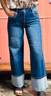Risen Bottoms The Risen Wide Leg Cuffed Double Seam Ankle Crop Denim