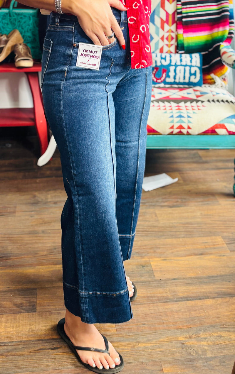 Vervet Bottoms The Risen Wide Leg High Rise Ankle Crop Pin Tuck Front Seam Denim