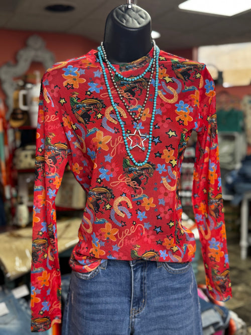 Shop Envi Me It's T-shirt Kinda Day The Rodeo Horseshoe Red Mesh Top