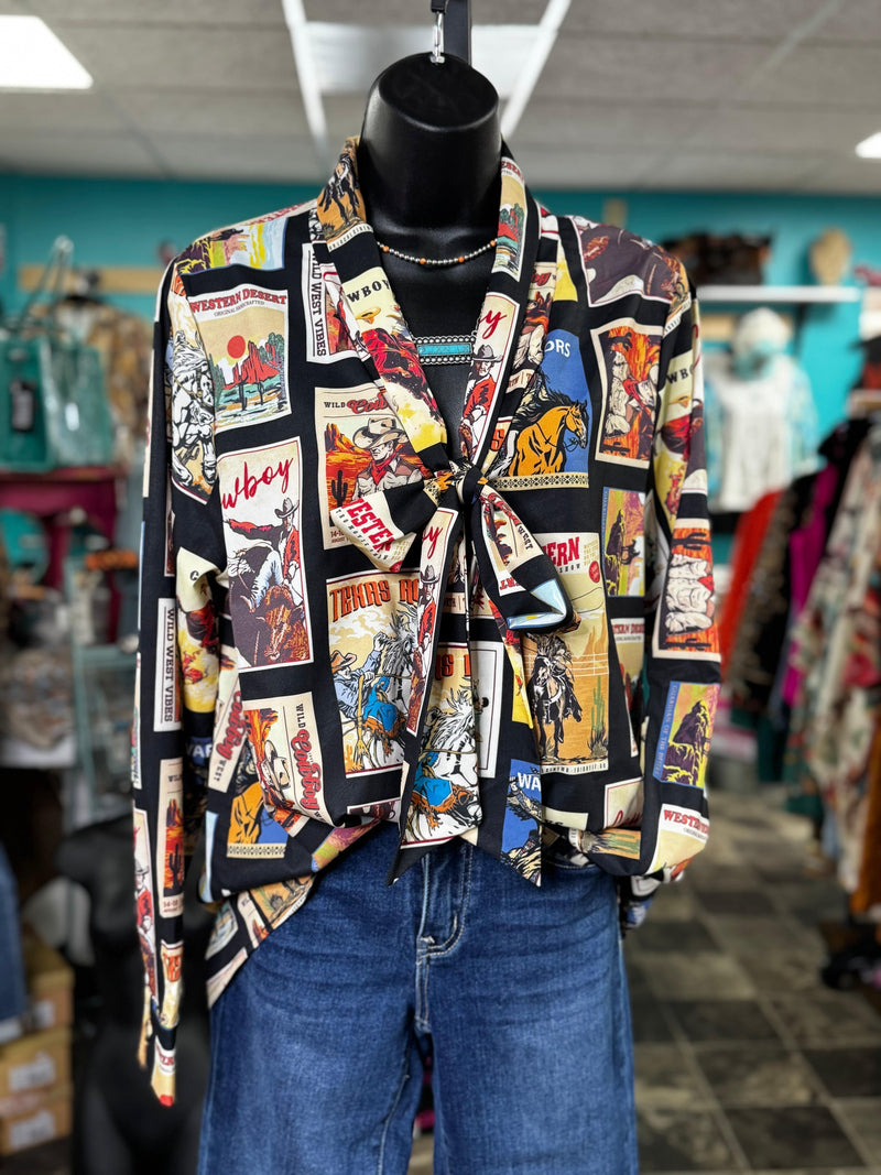 Shop Envi Me tops The Rodeo Poster Tie Neck Spring Button Up Top