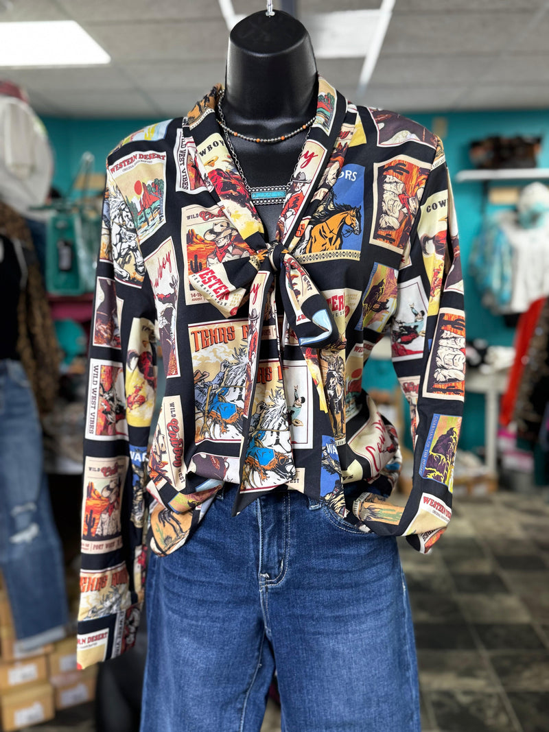Shop Envi Me tops The Rodeo Poster Tie Neck Spring Button Up Top