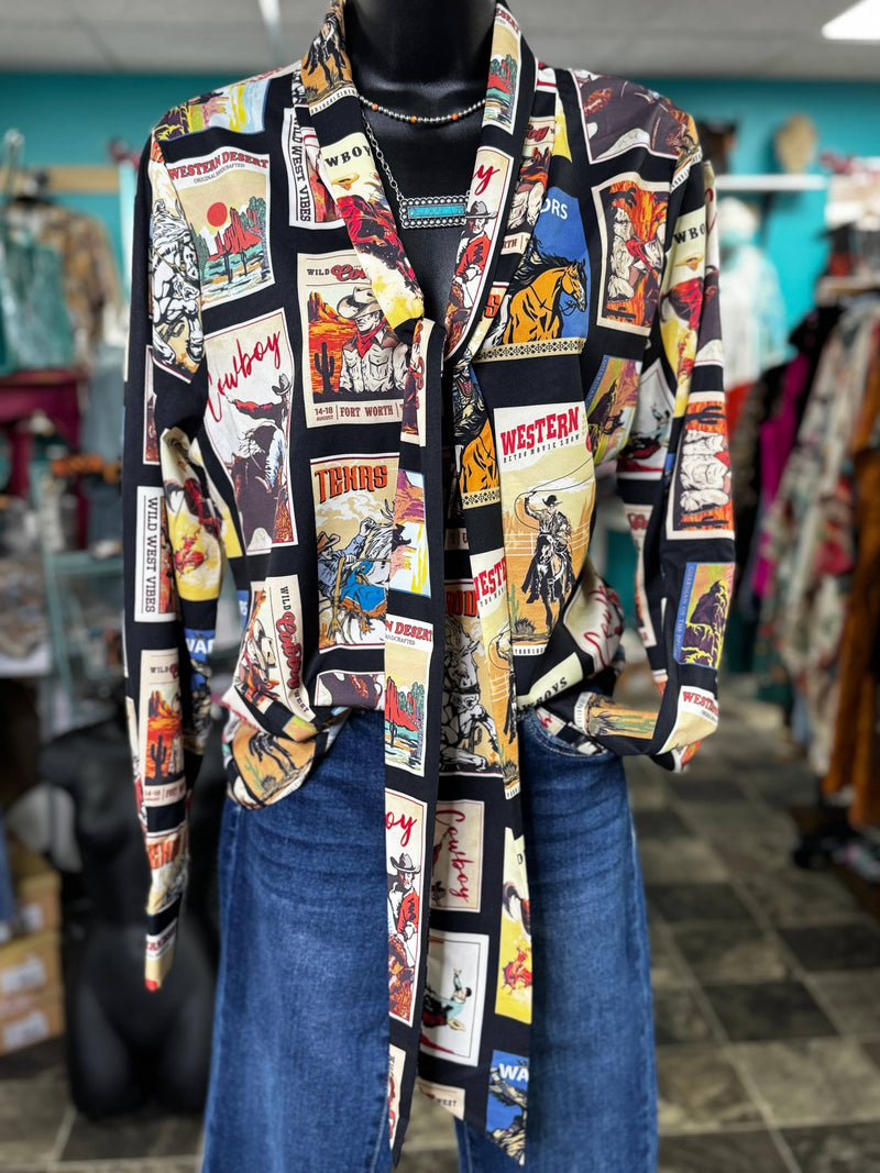 Shop Envi Me tops The Rodeo Poster Tie Neck Spring Button Up Top