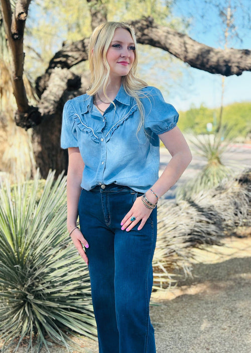 Shop Envi Me Tops and Tunics The Rodeo Ruffle Detail Chambray Top