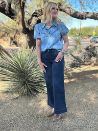 Shop Envi Me Tops and Tunics The Rodeo Ruffle Detail Chambray Top