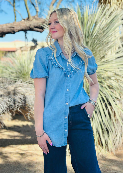 Shop Envi Me Tops and Tunics The Rodeo Ruffle Detail Chambray Top