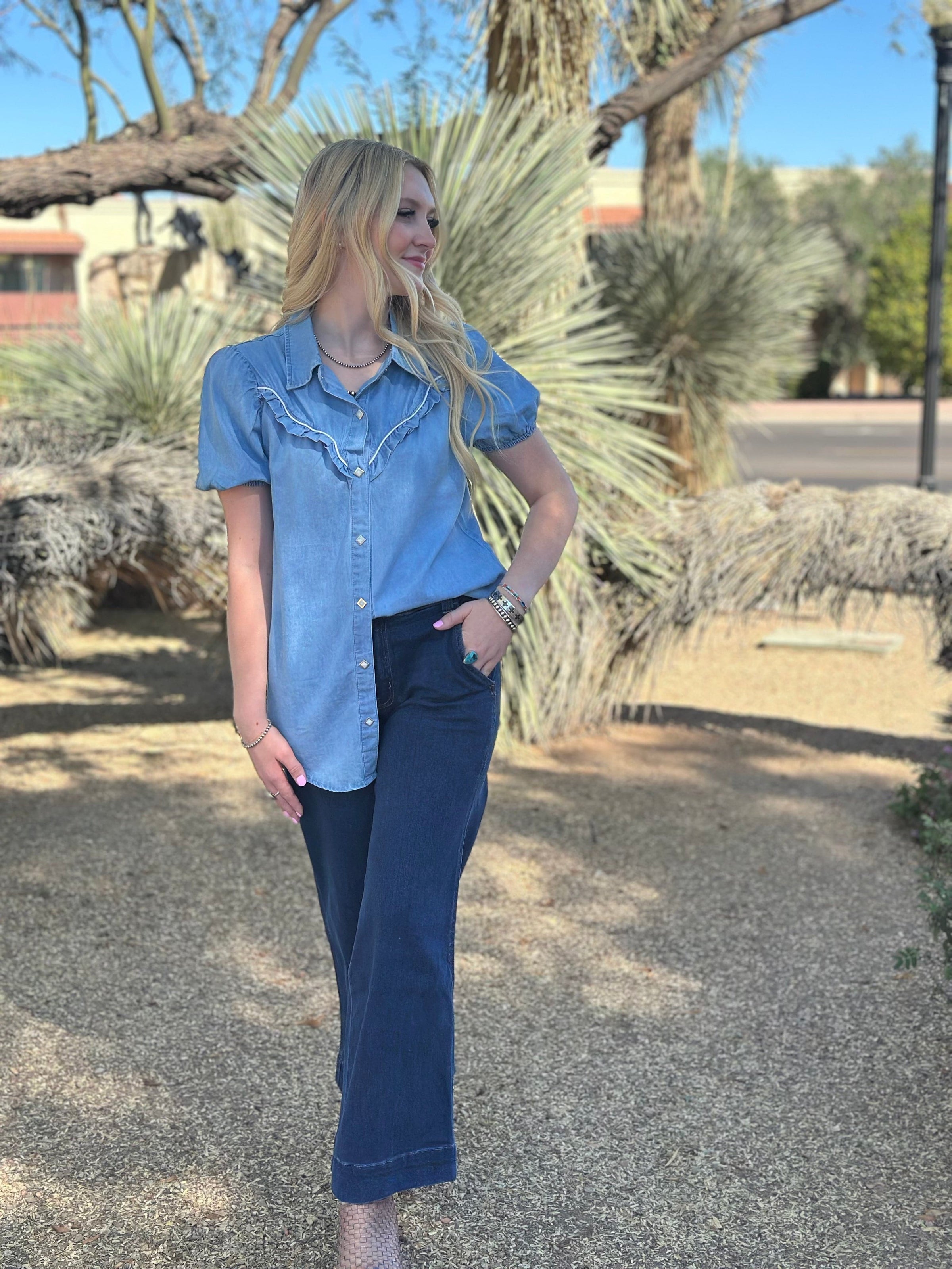Shop Envi Me Tops and Tunics The Rodeo Ruffle Detail Chambray Top