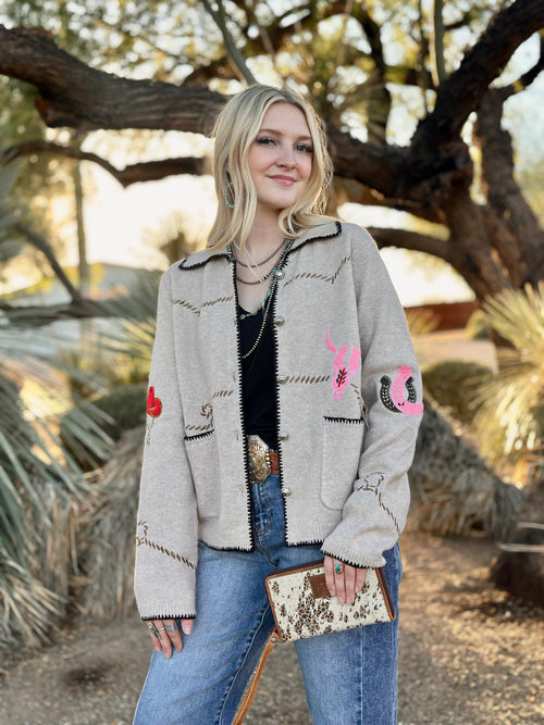 Shop Envi Me Tops and Tunics The Round The Campfire Embroidered Whipstitch Cardigan Sweater