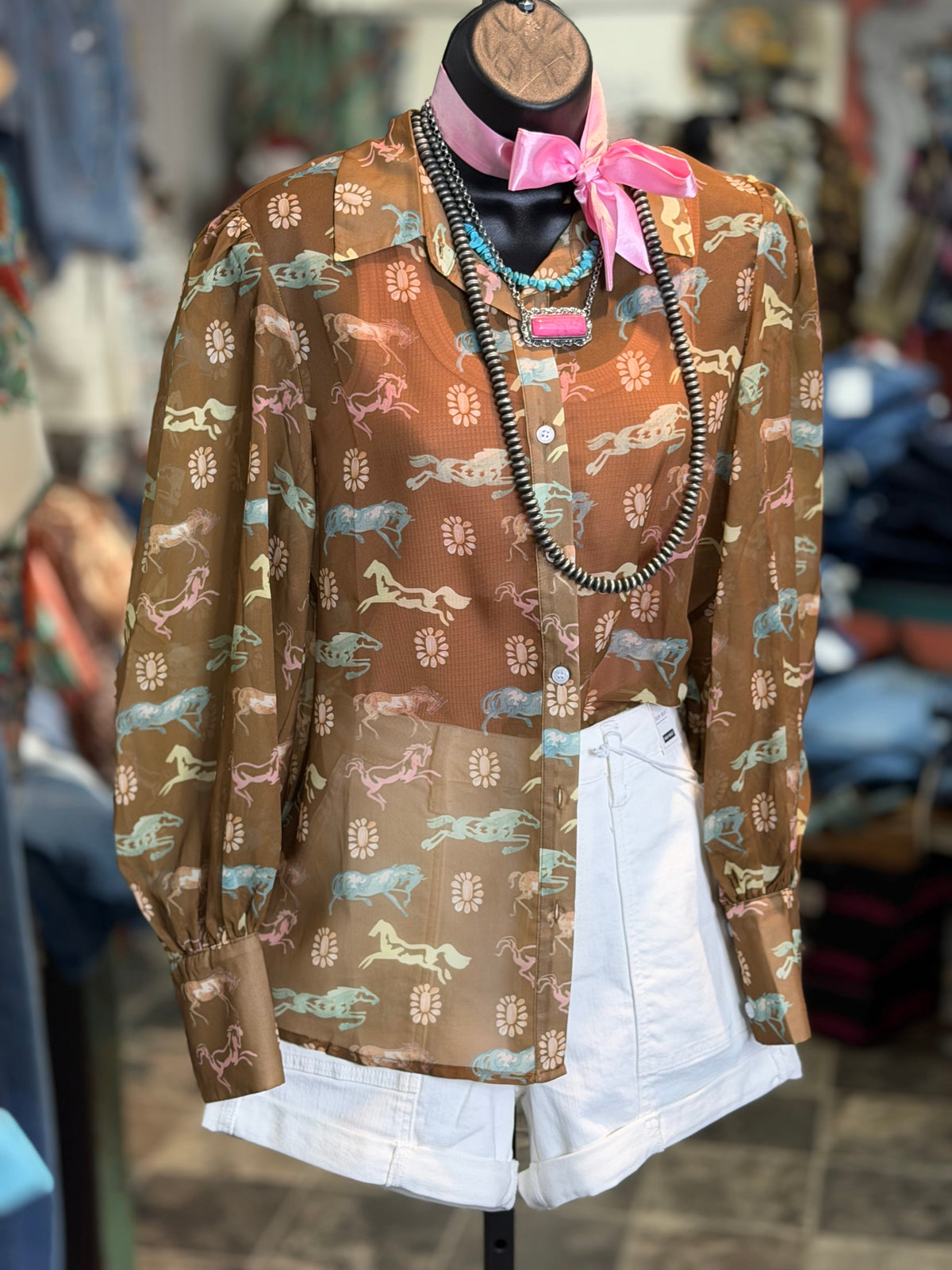 Shop Envi Me tops The Running Horses In The Desert Button Up Chiffon Top
