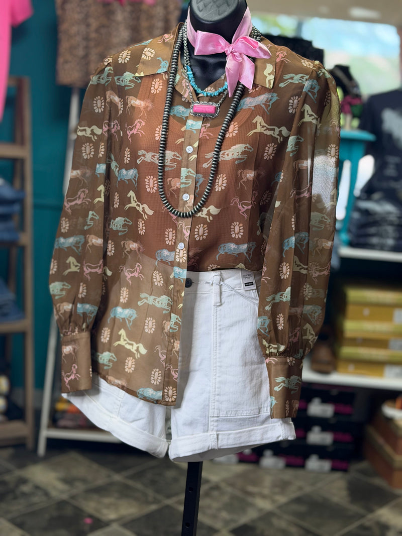Shop Envi Me tops The Running Horses In The Desert Button Up Chiffon Top