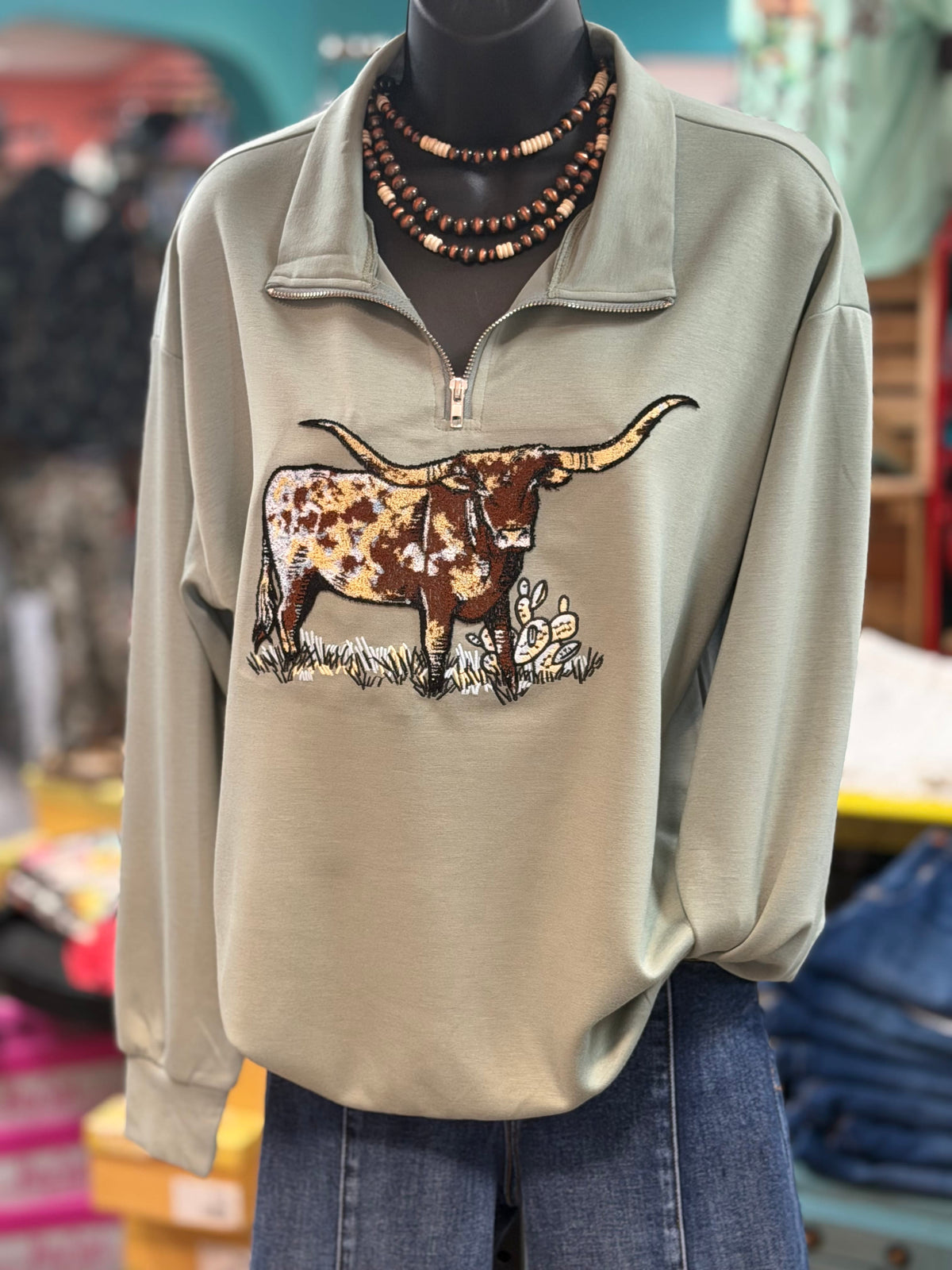 Shop Envi Me Tops and Tunics The Sage Green Longhorn Love Quarter Zip Pullover