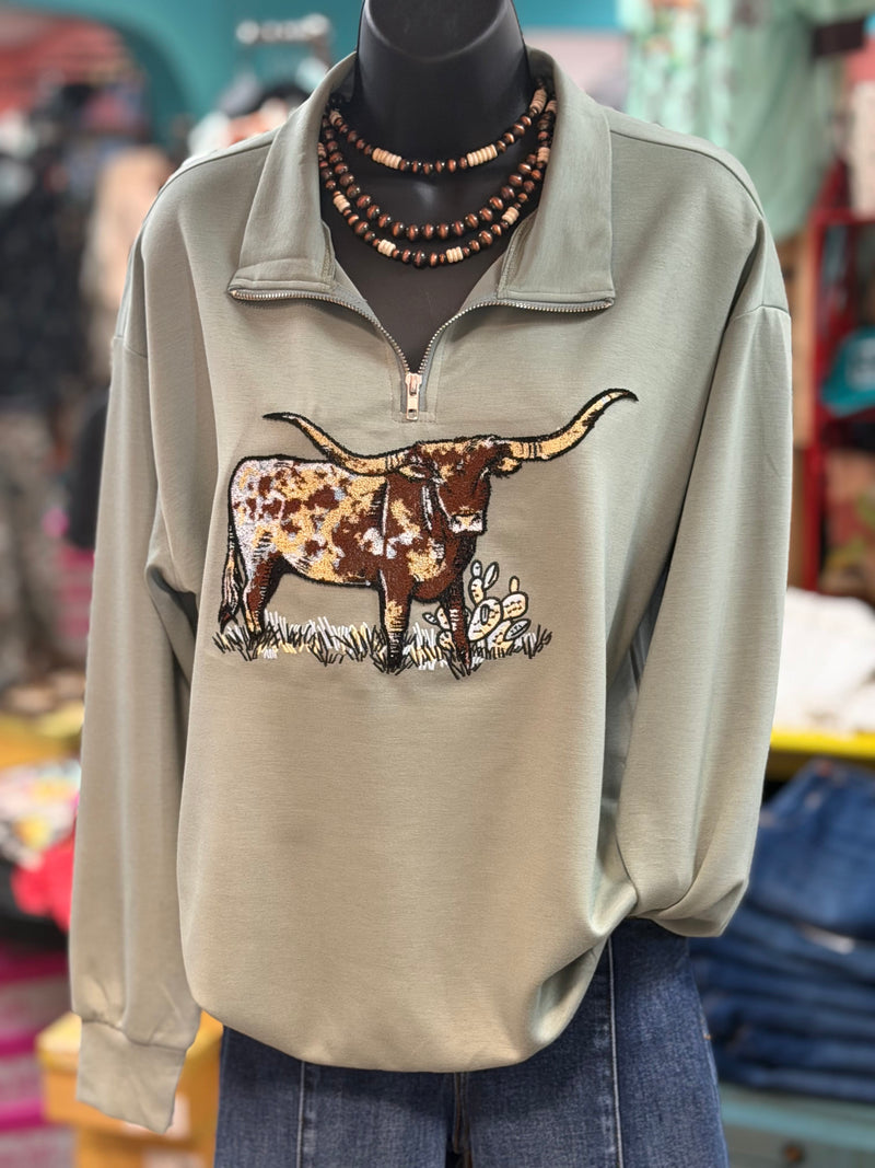 Shop Envi Me Tops and Tunics The Sage Green Longhorn Love Quarter Zip Pullover