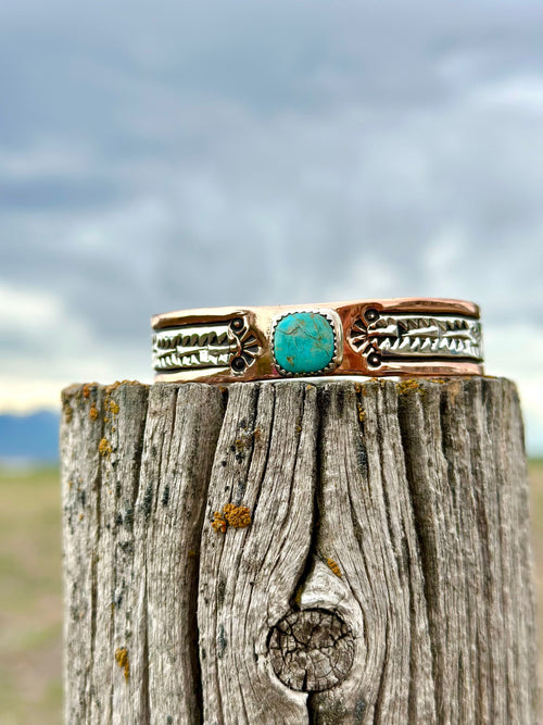 Shop Envi Me Bracelets Sterling Silver Copper & Blue Bird Kingman Turquoise The San Jacinto Copper and Sterling Silver & Kingman Turquoise Cuff Bracelet