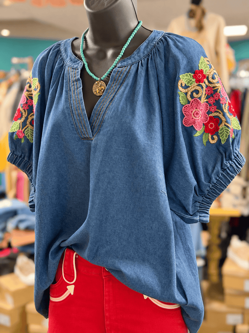 Shop Envi Me Tops and Tunics The Santa Rosa Embroidered Chambray Top