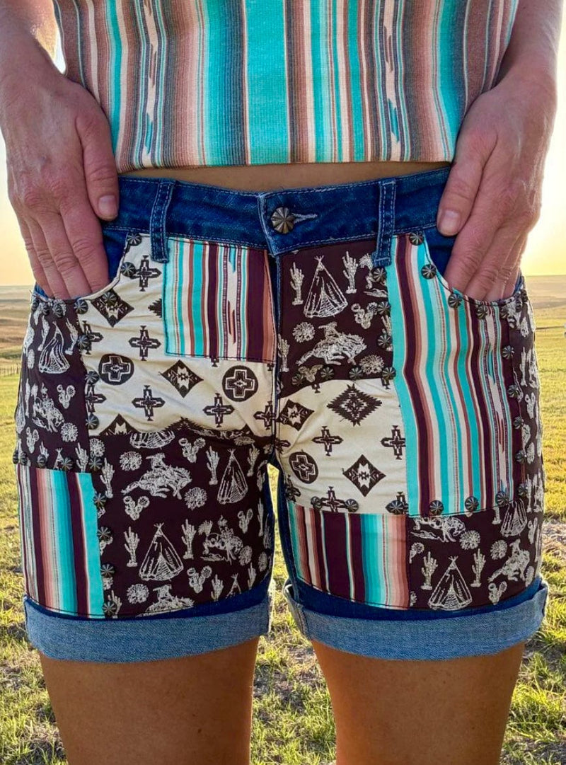 Shop Envi Me The Southwest Patchwork Print Mid Thigh Shorts