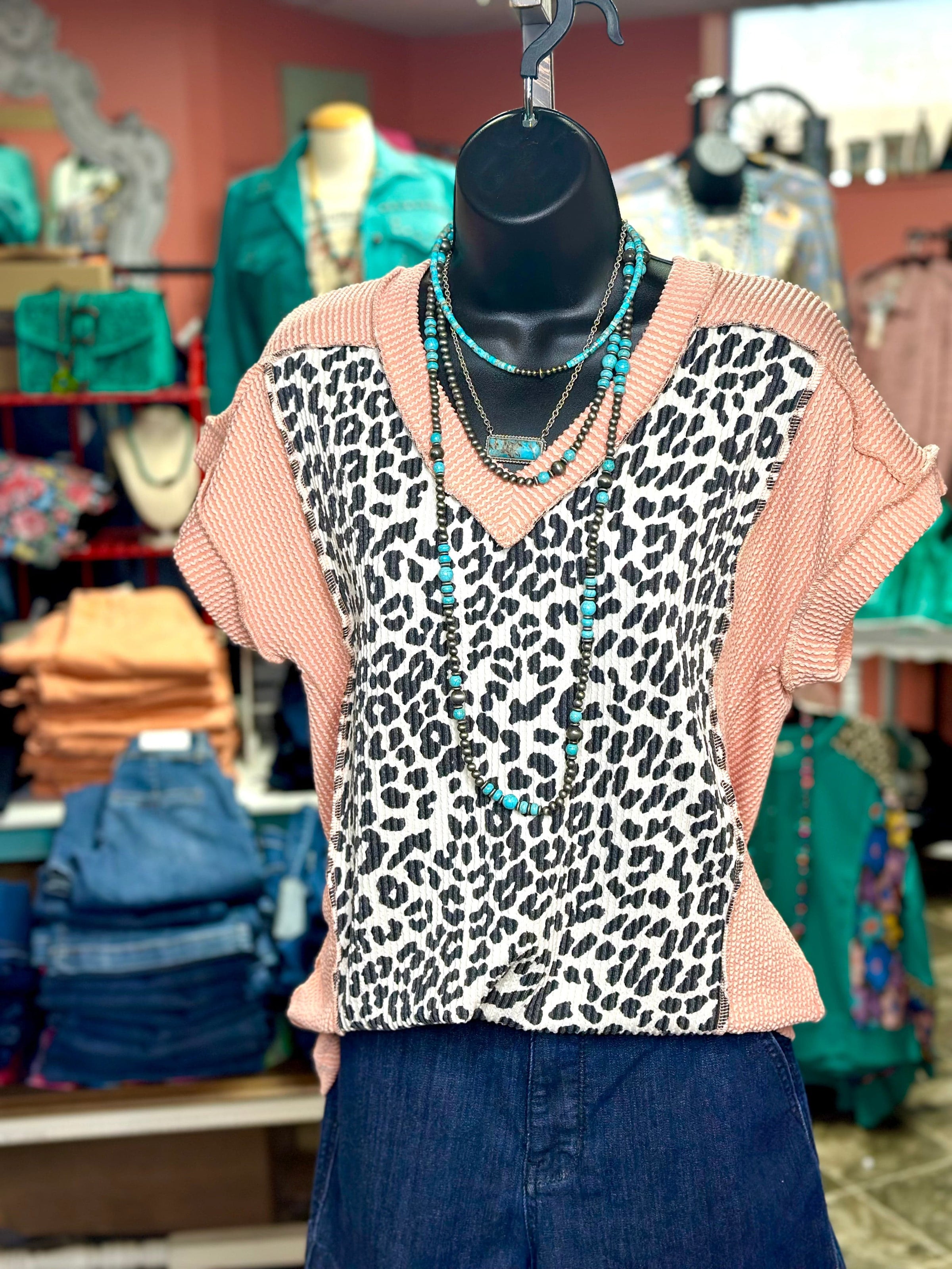 Shop Envi Me Tops and Tunics The Spring Peachy Cheetah Corded V Neck Top