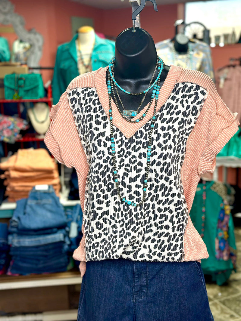 Shop Envi Me Tops and Tunics The Spring Peachy Cheetah Corded V Neck Top