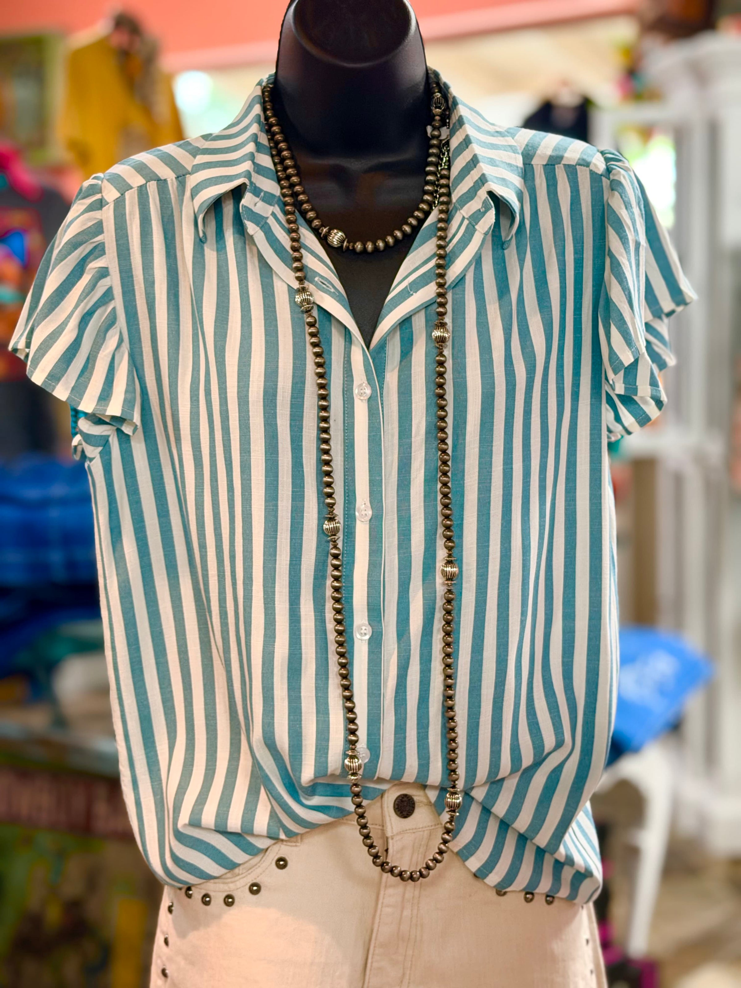 Shop Envi Me Tops and Tunics The Stripes On The Ranch Cowboy Flutter Sleeve Top