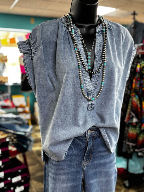 Shop Envi Me Tops and Tunics The Summer Chambray Denim V Neck Top