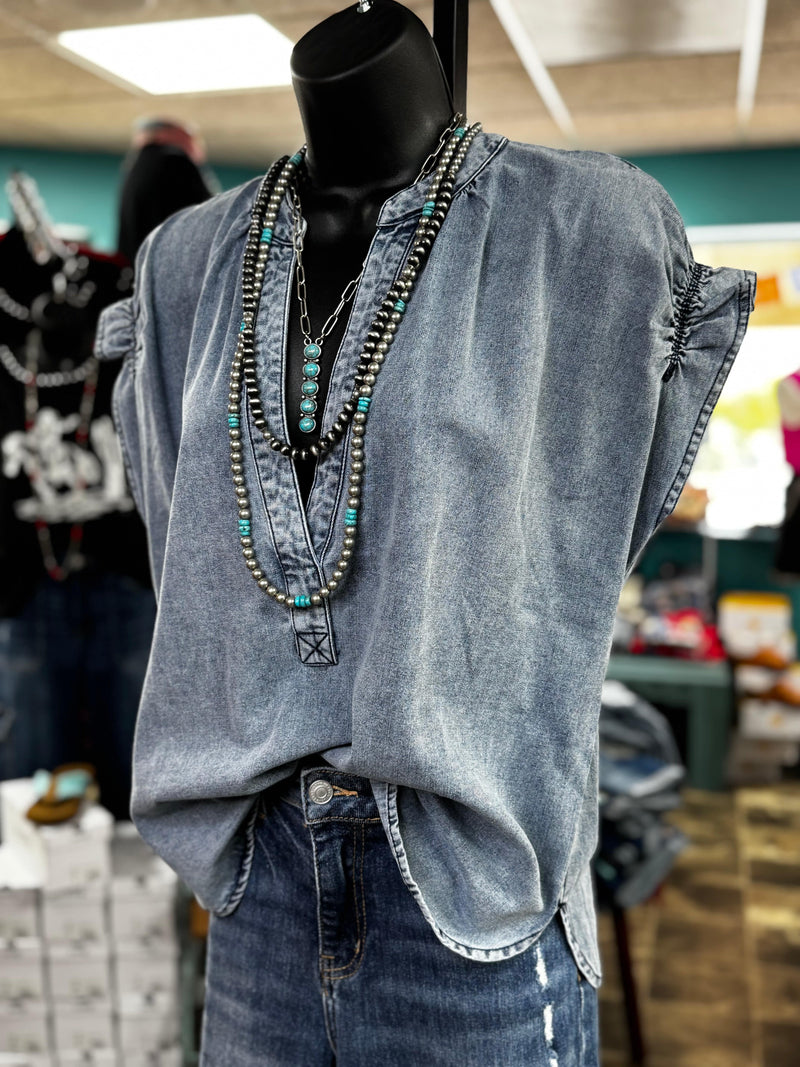 Shop Envi Me Tops and Tunics The Summer Chambray Denim V Neck Top
