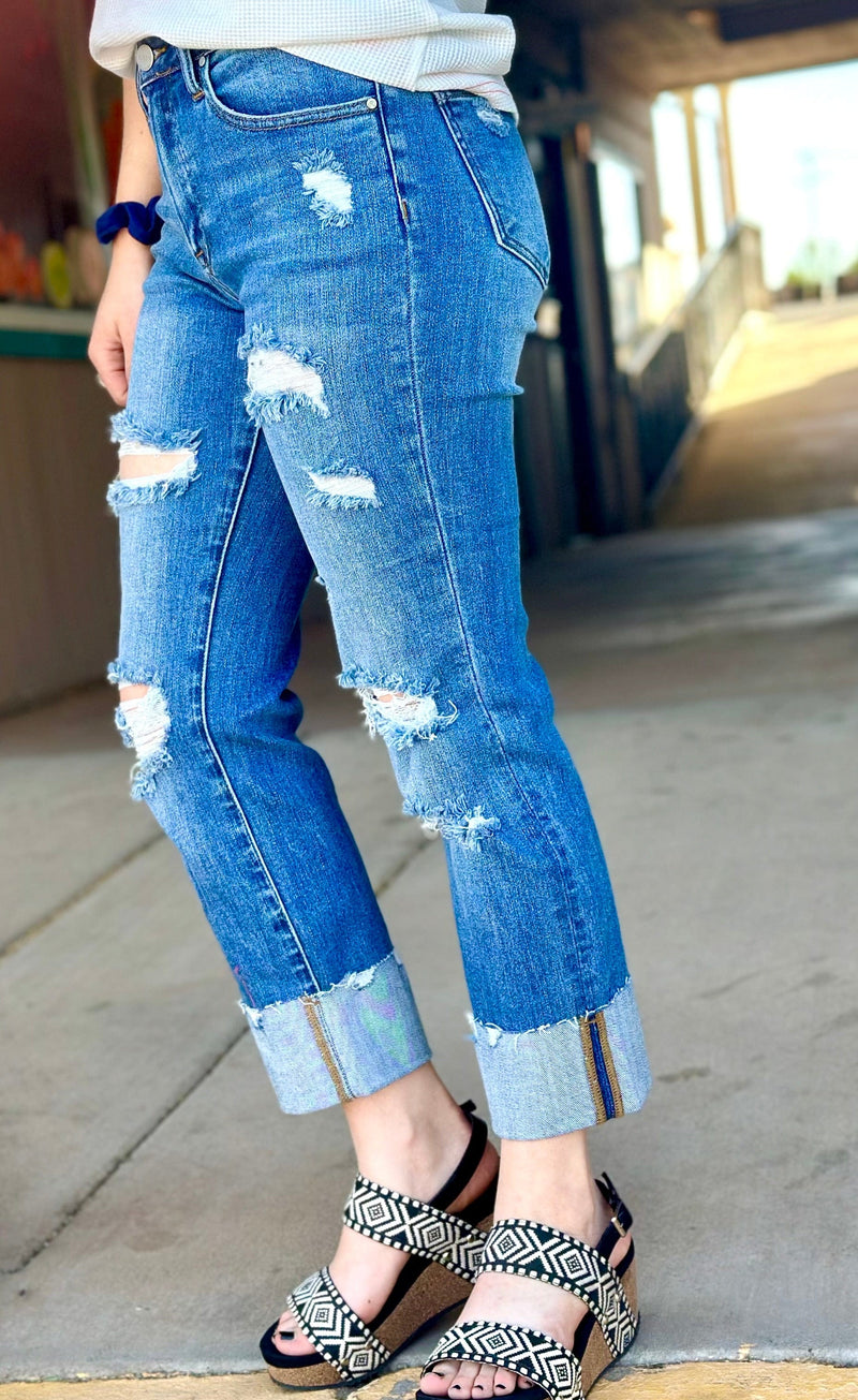 Vervet Bottoms The Summer Distressed Cuffed Risen Ankle Crop Denim