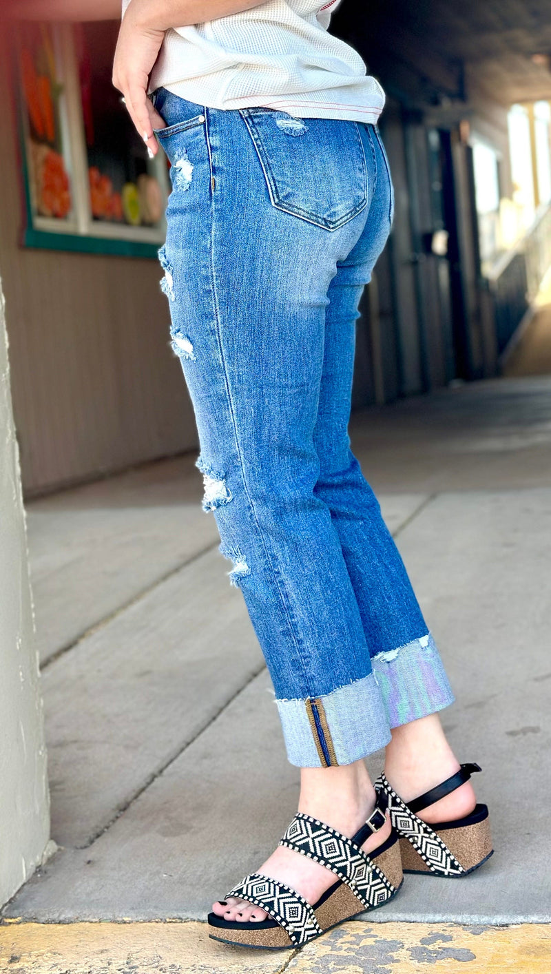 Vervet Bottoms The Summer Distressed Cuffed Risen Ankle Crop Denim