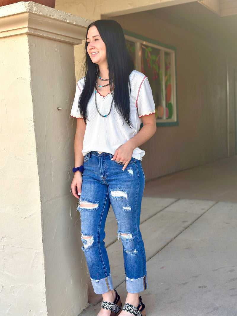Vervet Bottoms The Summer Distressed Cuffed Risen Ankle Crop Denim