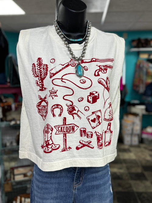 Shop Envi Me Tops and Tunics The Summer of Taos Embroidered Western Mom Crop Sleeveless Tee
