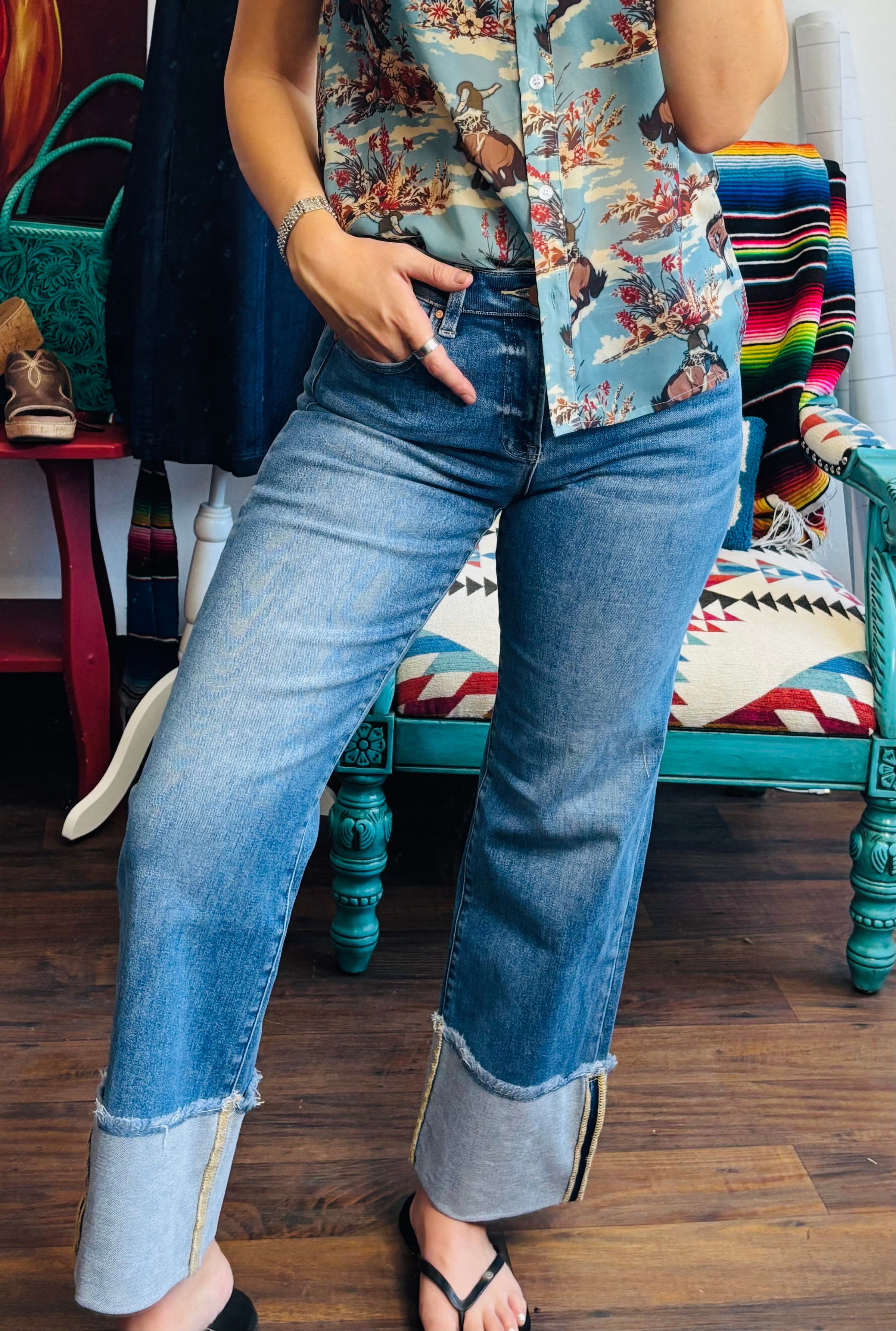 Risen Bottoms The Summer Risen High Rise Straight Leg Cuffed Denim