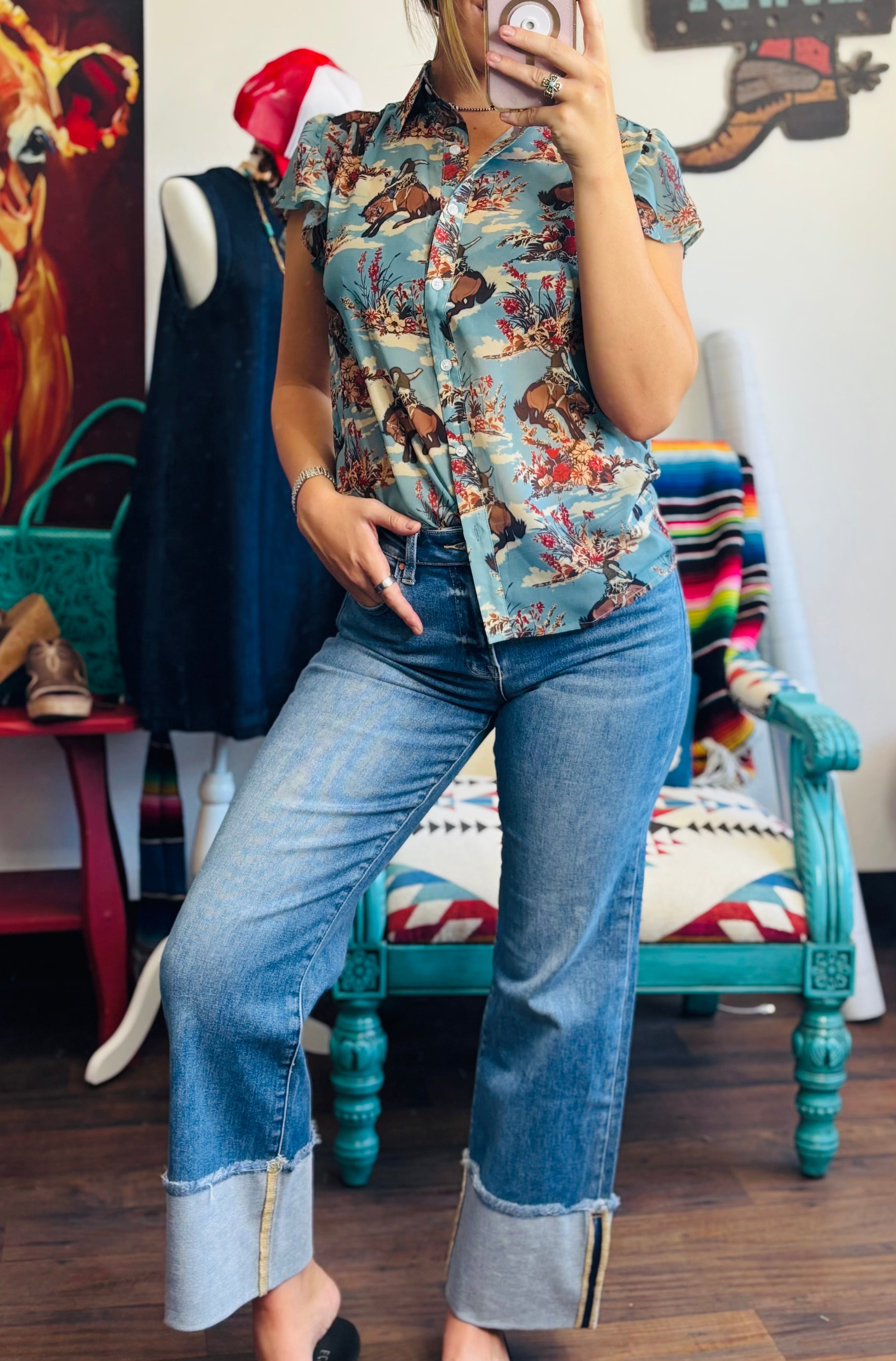Risen Bottoms The Summer Risen High Rise Straight Leg Cuffed Denim