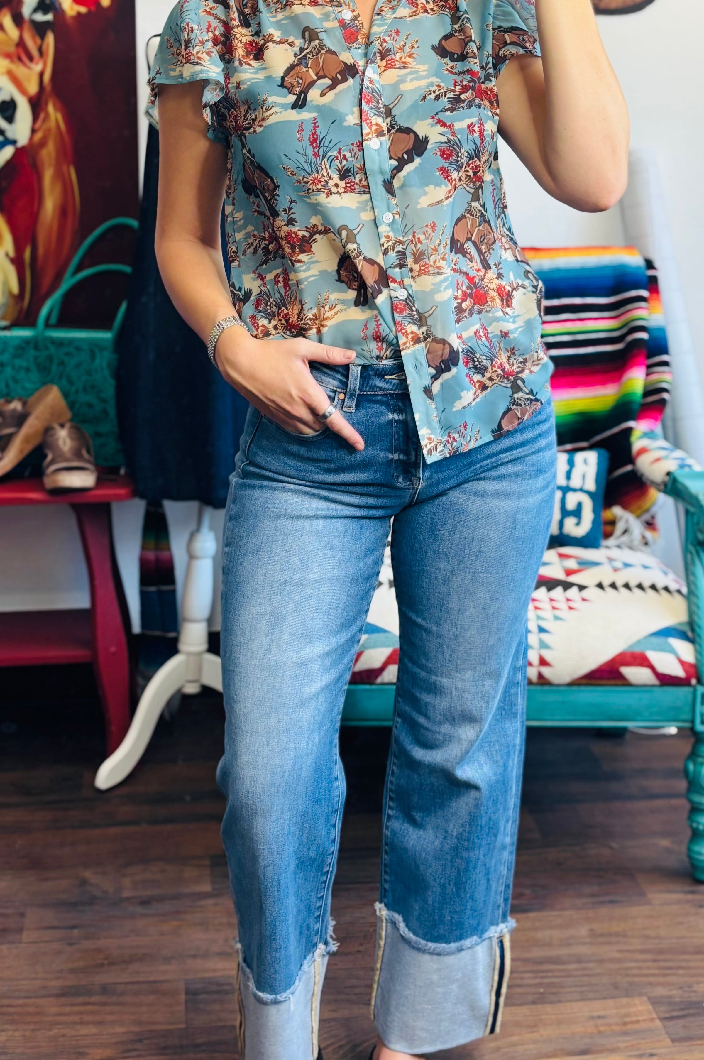 Risen Bottoms The Summer Risen High Rise Straight Leg Cuffed Denim