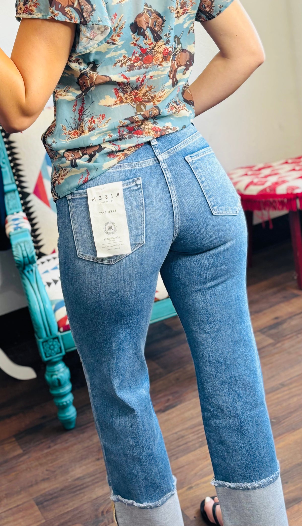 Risen Bottoms The Summer Risen High Rise Straight Leg Cuffed Denim