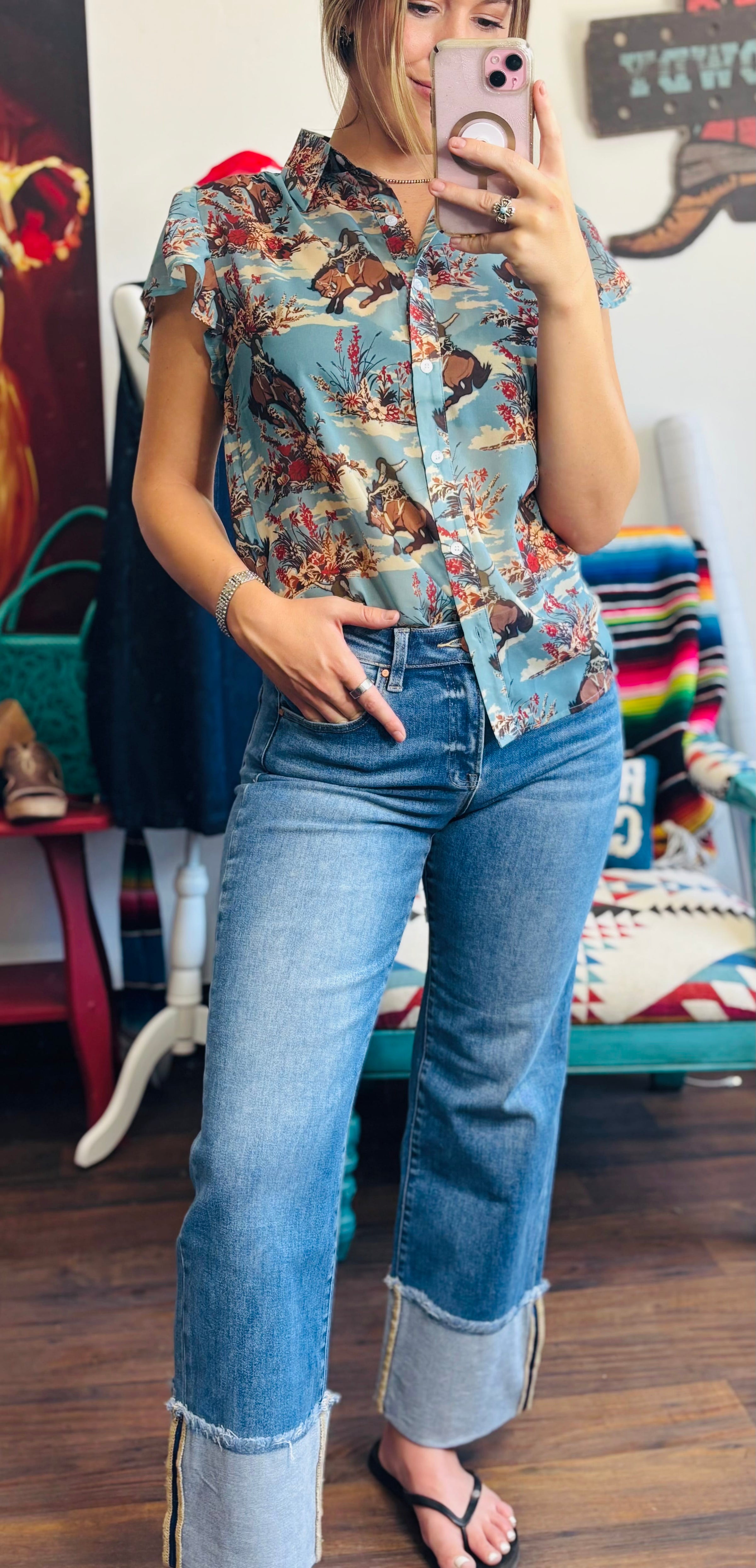Risen Bottoms The Summer Risen High Rise Straight Leg Cuffed Denim