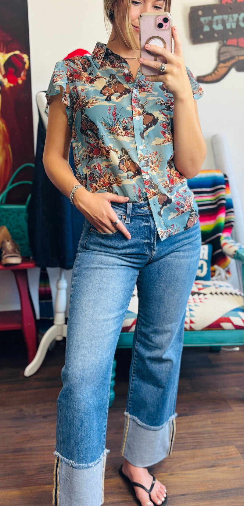 Risen Bottoms The Summer Risen High Rise Straight Leg Cuffed Denim