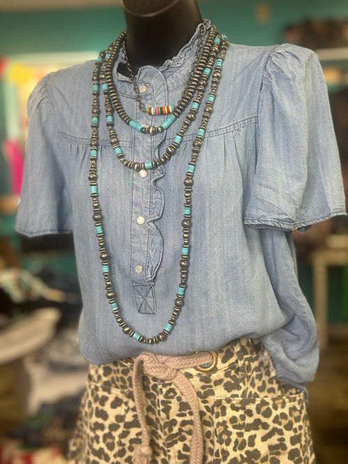 Shop Envi Me Tops and Tunics The Summer Ruffle Detail Chambray Top