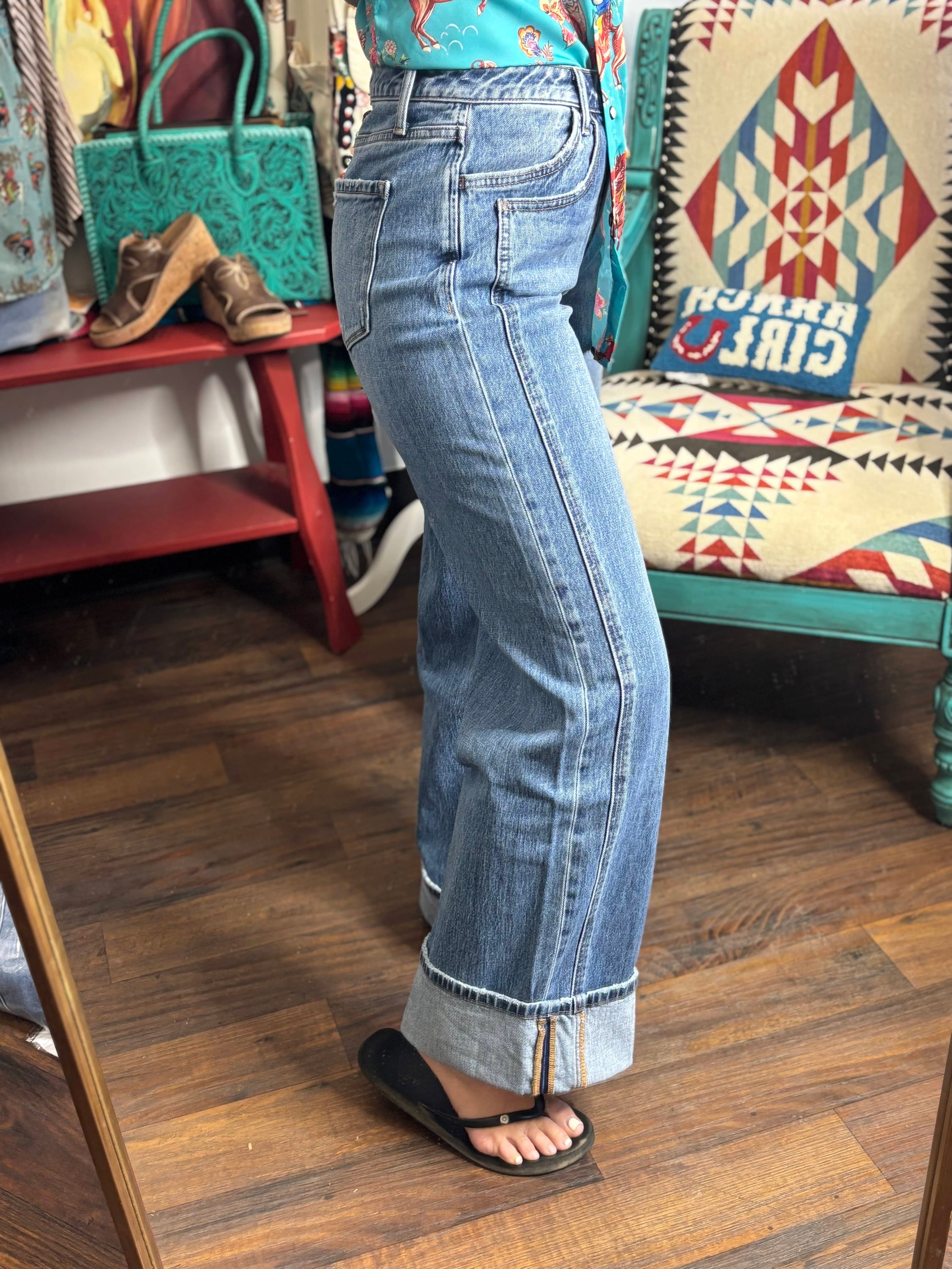Vervet Bottoms The Take Me To The Rodeo Cuffed Wide Leg Vervet Denim