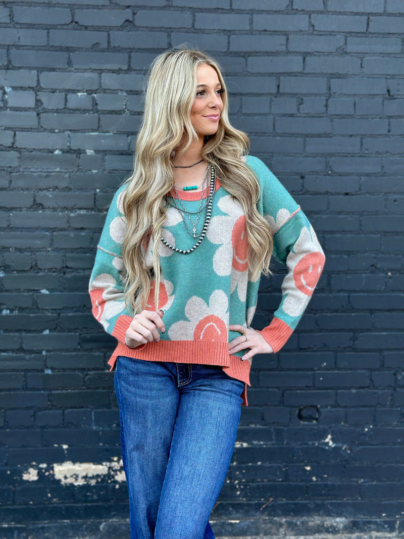 Shop Envi Me Tops and Tunics The Teal & Coral Make You Smile Sweater