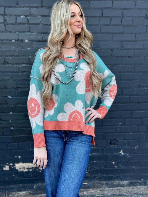 Shop Envi Me Tops and Tunics The Teal & Coral Make You Smile Sweater