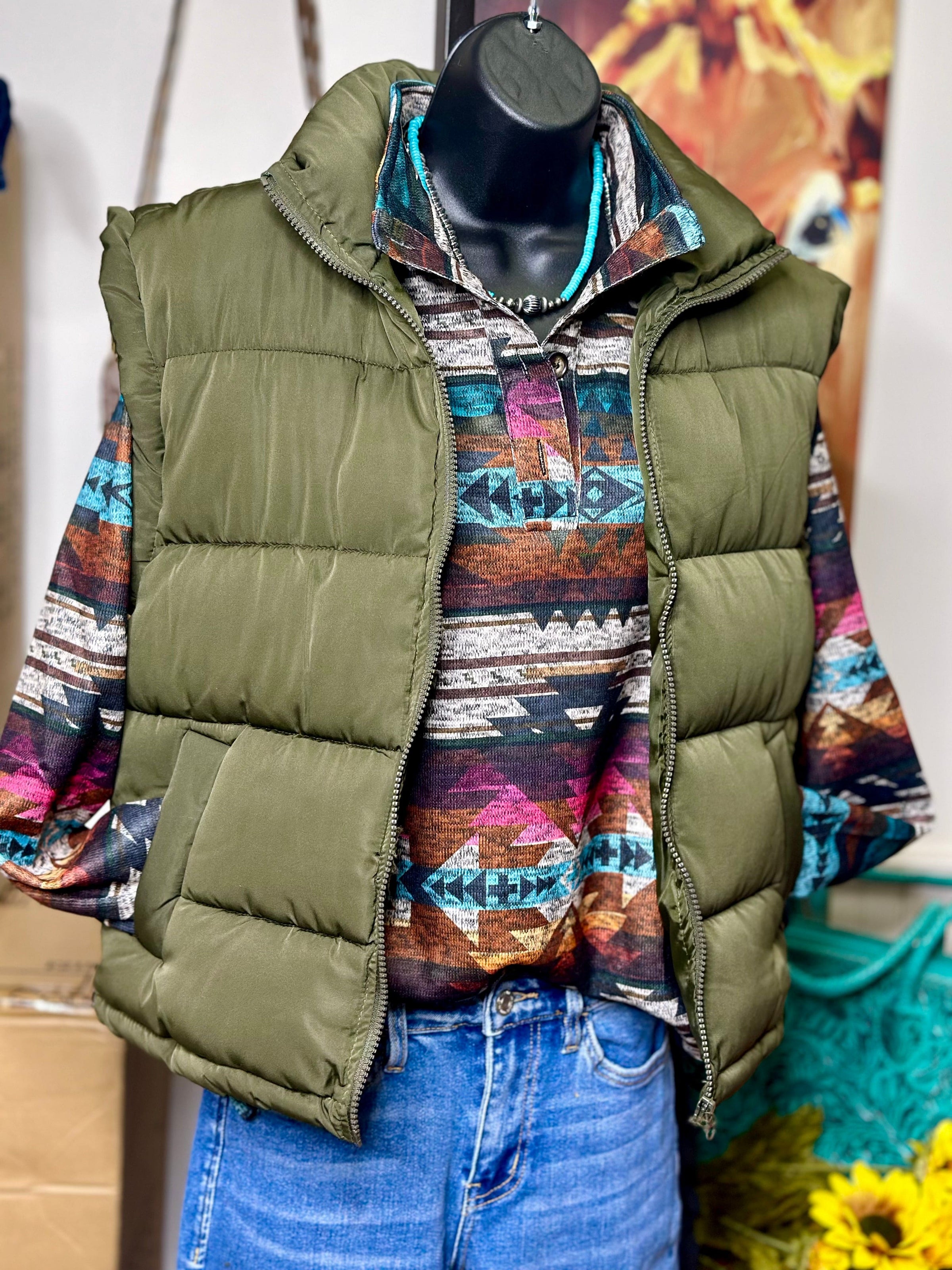The Think Fall Olive Puffer Vest