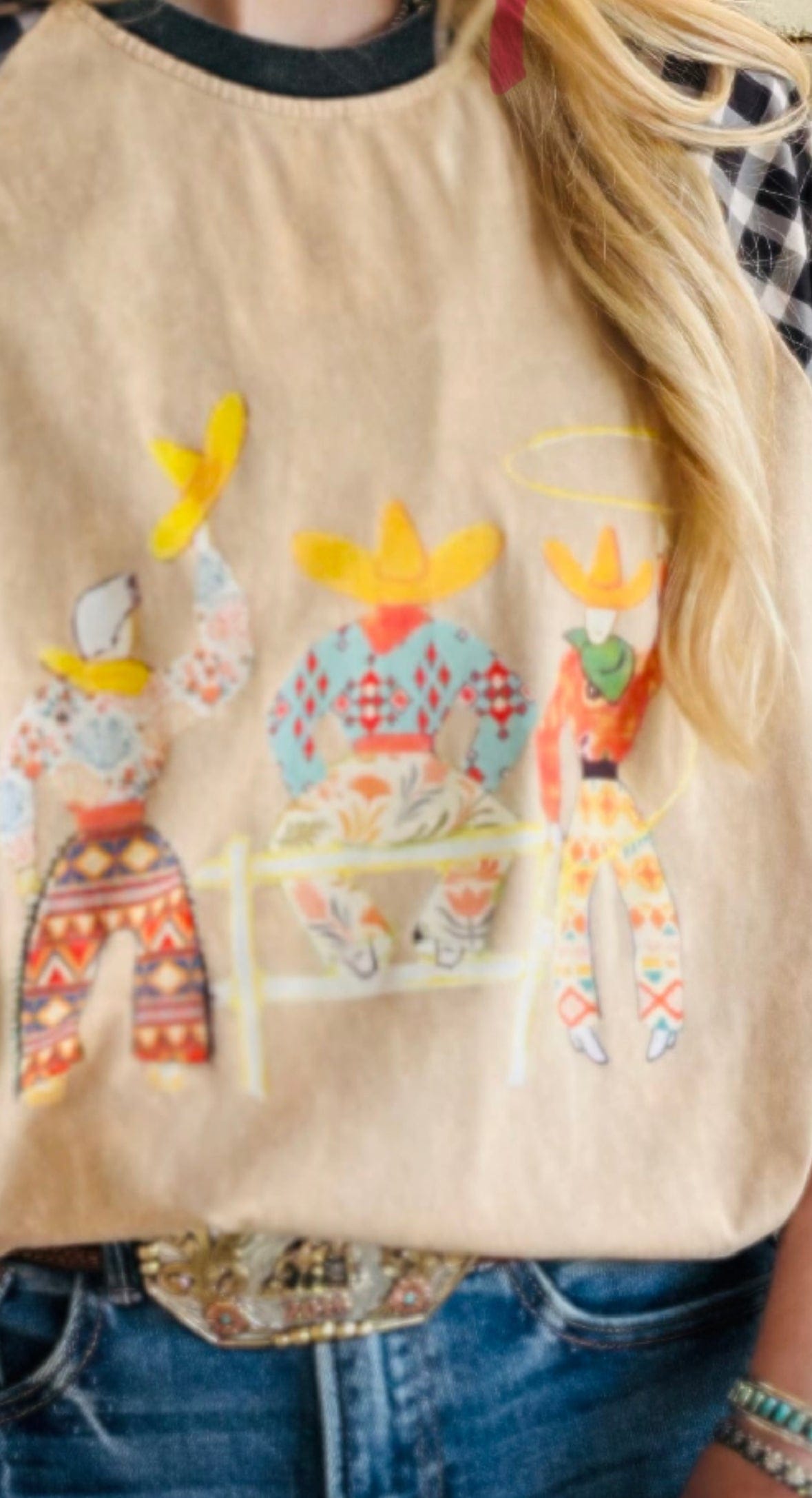 Shop Envi Me It's T-shirt Kinda Day The Three Amigos Gingham Sleeve Mineral Wash Top