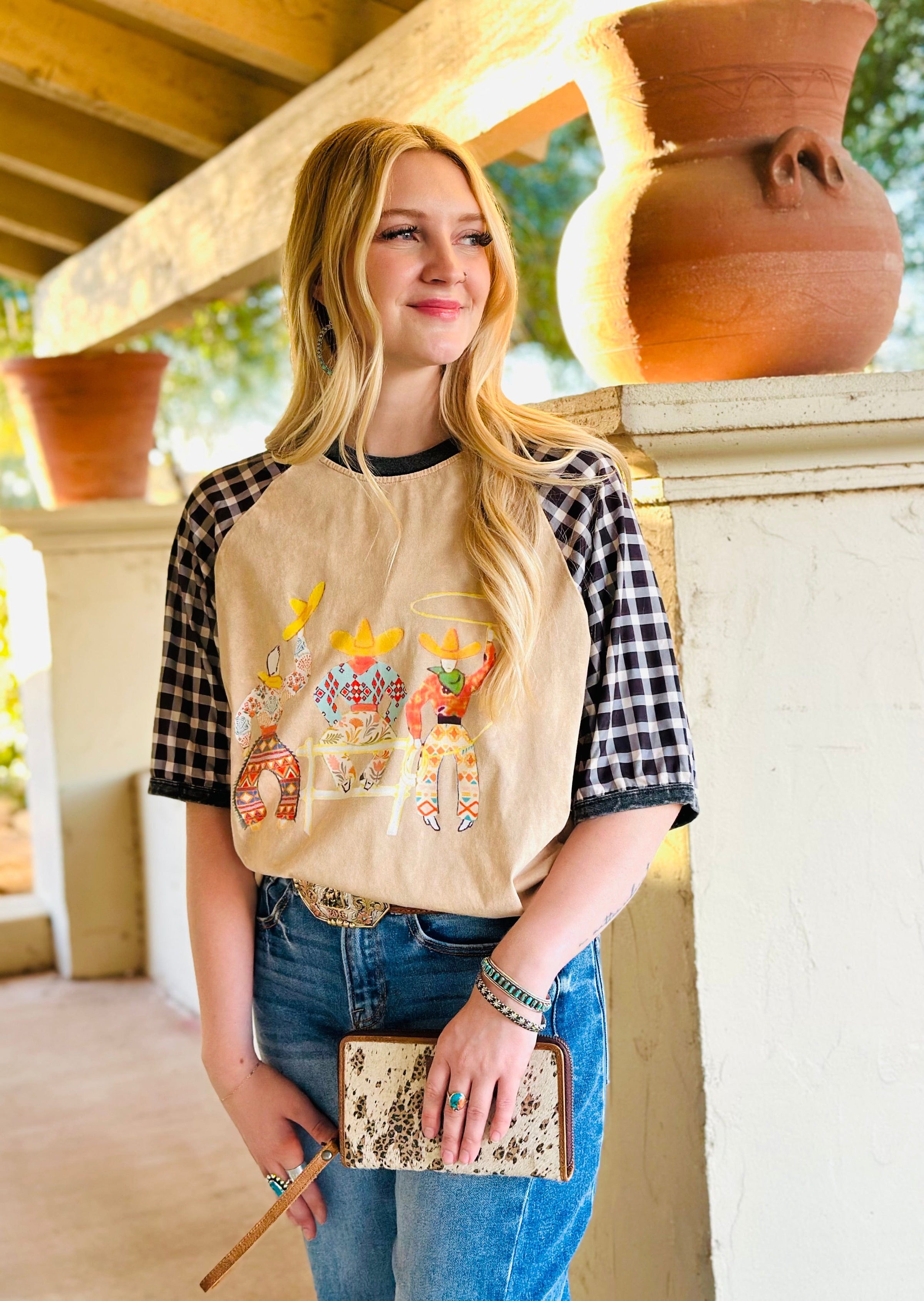 Shop Envi Me It's T-shirt Kinda Day The Three Amigos Gingham Sleeve Mineral Wash Top