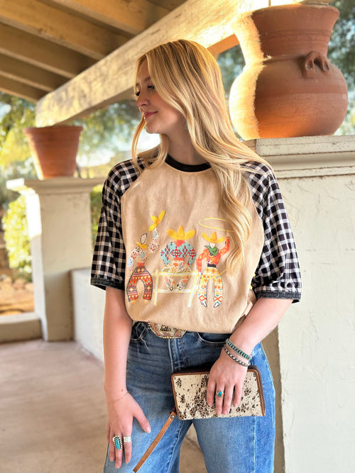 Shop Envi Me It's T-shirt Kinda Day The Three Amigos Gingham Sleeve Mineral Wash Top