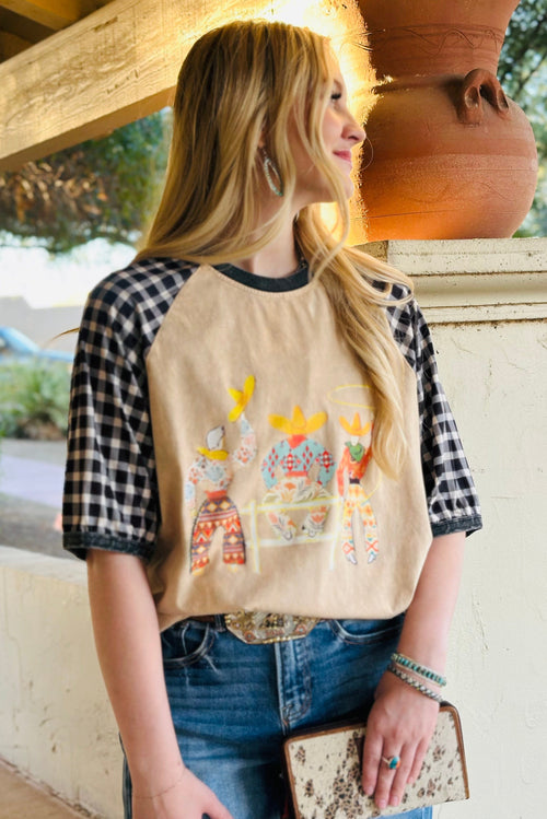 Shop Envi Me It's T-shirt Kinda Day The Three Amigos Gingham Sleeve Mineral Wash Top