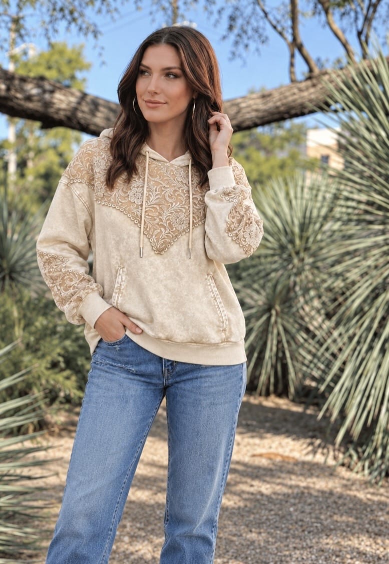 Shop Envi Me Cardigans and Kimonos The Tonya Tooled Lace Detail Sweatshirt