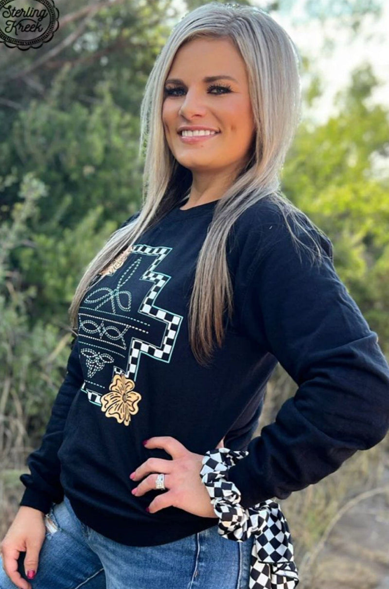 Shop Envi Me Cardigans and Kimonos The Tooled 🤠 Bootstitch Checkerboard Cowboy Sweatshirt
